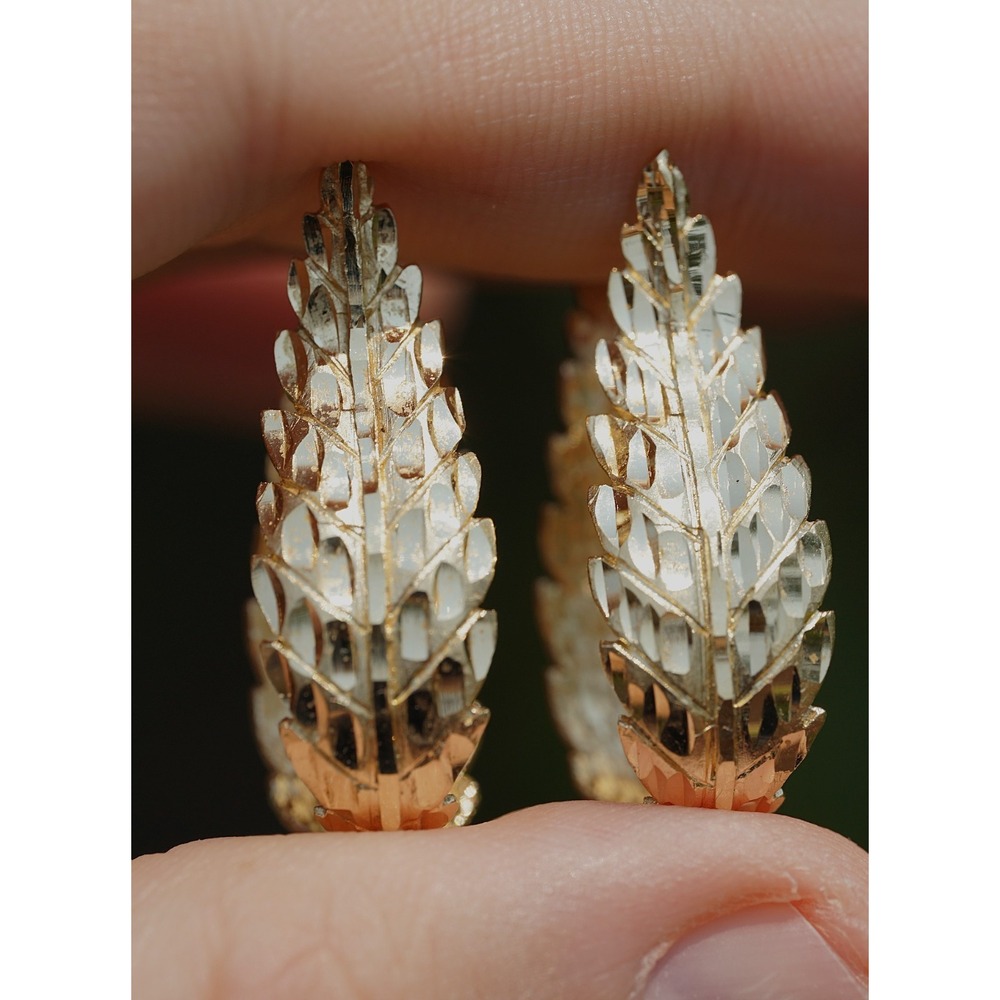 Vintage 14k‎ Solid Yellow Gold Diamond Cut Leaf Earrings - Drop Hoop Heavy 8.82g